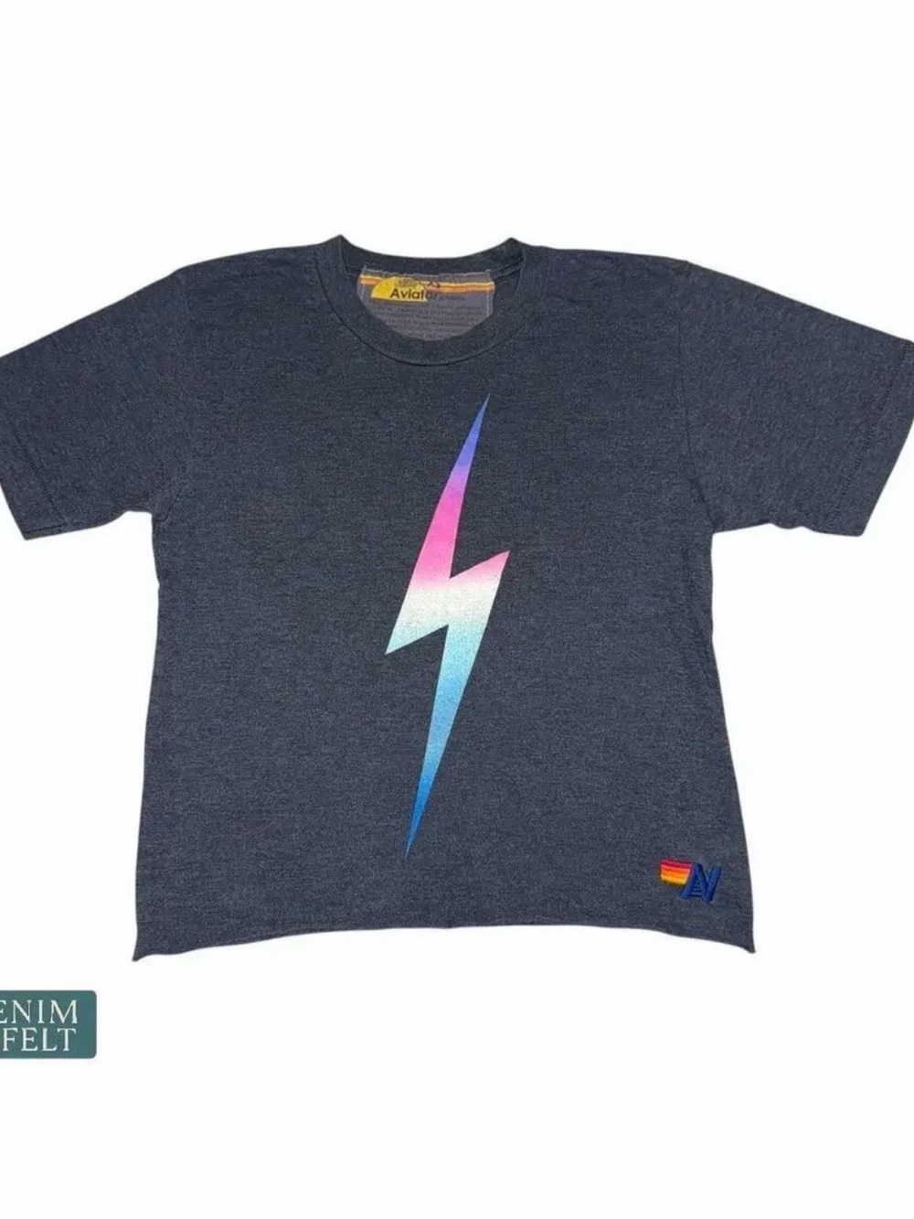Aviator Nation Charcoal Gray Tee with Rainbow Lightning Bolt